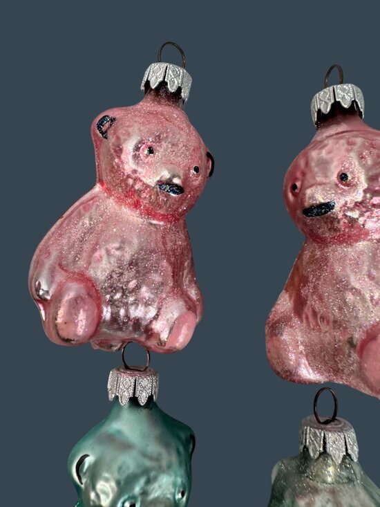 Vintage West Germany Pink Aqua Mercury Glass Teddy Bear Ornaments Set of 4 2 1/2